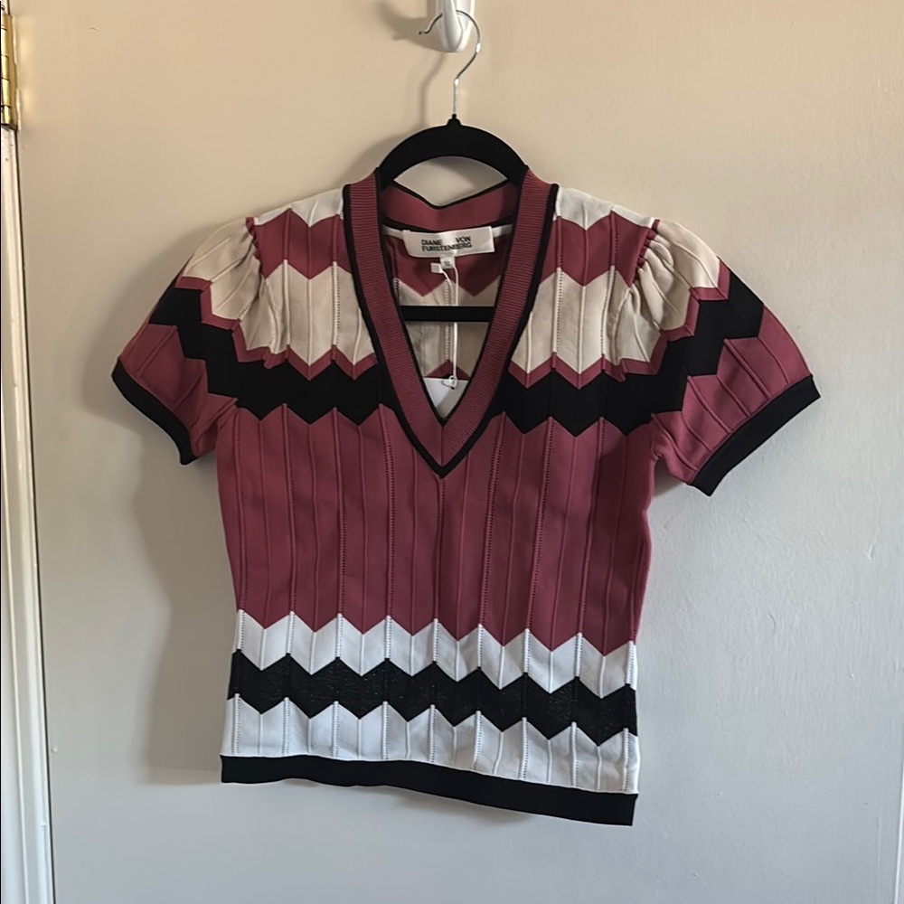 Diane Von Furstenberg burgundy and Black Chevron Top